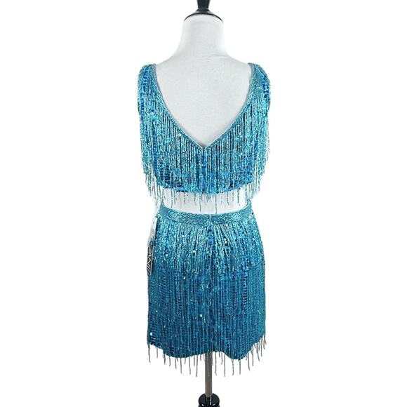 Jovani Fringe Sequin Beaded 2-Piece Mini Dress Prom Party Formal Blue Size 6 - Picture 6 of 10